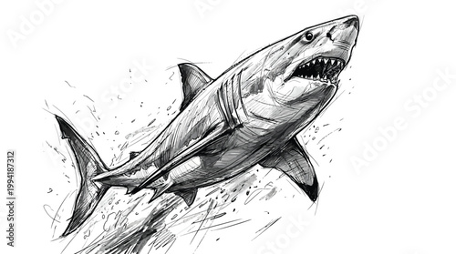 Detailed Sketch of a Great White Shark Emerging from Water.