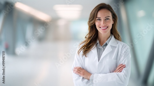 Free Download Confident Healthcare Professional in a Modern Setting: A cheerful and assured female healthcare worker, radiating professionalism and positivity, stands in a bright, modern hospital corridor. - GFXLoad