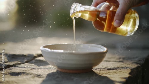 Hand pouring oil from a glass bottle into a ceramic bowl on a stone surface outdoors