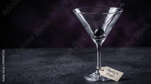Empty martini glass with olive and tag on dark background  