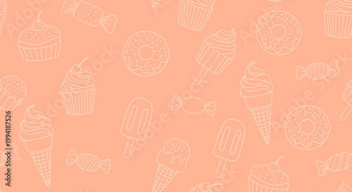 A delightful and whimsical pattern featuring hand-drawn illustrations of various sweets and desserts on a soft peach background.