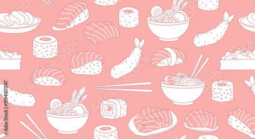 A delightful seamless pattern featuring various Japanese food items like sushi, tempura, and ramen, set against a soft pink background.