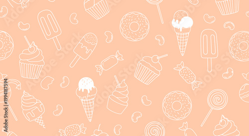 A delightful pattern of various sweet treats like ice cream cones, cupcakes, donuts, and candies on a soft peach background.