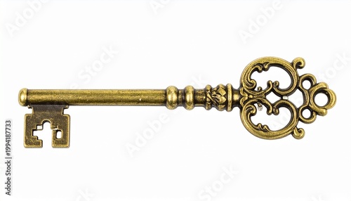 Antique brass key ornate bow decorative loops glossy white background