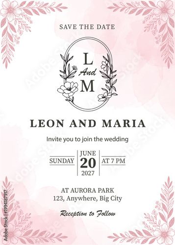 Elegant Save the Date Wedding Invitation Card with Watercolor Floral Vintage Border