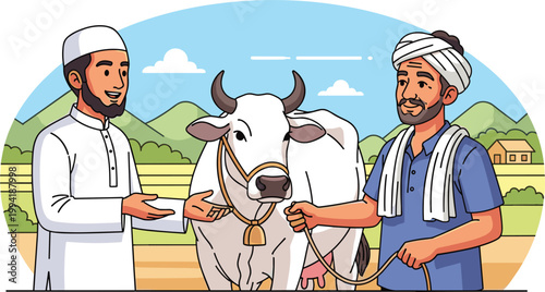 Illustration of Two Farmers Discussing Livestock with a Cow in a Rural Farming Landscape for Agricultural Design