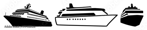 Cruise ship icon set with solid black silhouette on white background featuring ship, travel, leisure with cruise and maritime