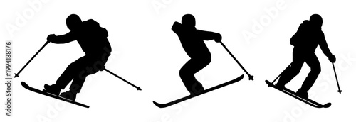 Skiing icon set with simple solid black line art on white background featuring ski equipment, winter sport, ski runs with minimal and monochrome
