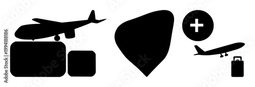 Travel insurance icon set with bold solid black symbol on white background featuring insurance, travel, policy with shield and airplane iconography