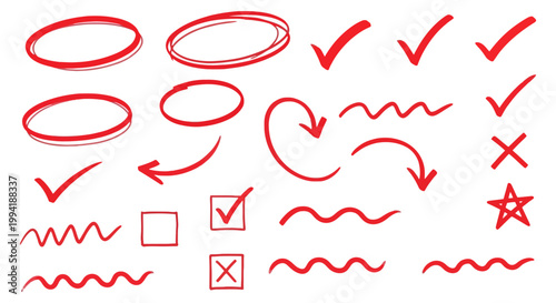 hand-drawn red marker annotations graphic elements with checkmarks x-marks arrows and circles for ui ux design feedback.
