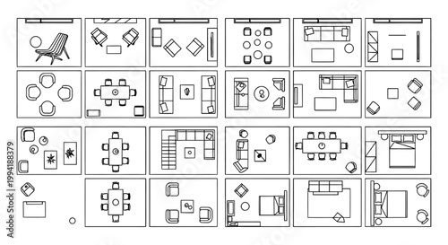top view architectural furniture symbols and cad plan vector icons for interior design illustrating diverse floor plans and room layouts.