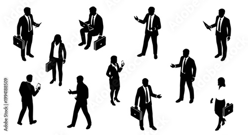 isometric black silhouette business people in suits standing and interacting