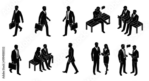 isometric business people silhouette set showing professionals in various corporate actions and poses.