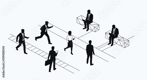 isometric illustration of business people silhouettes in a minimalist corporate world showing work and commuting.