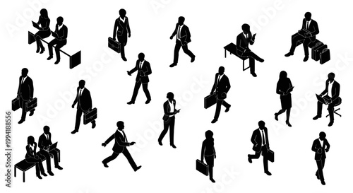 isometric silhouette business people in black and white working and commuting