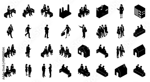 isometric people business professionals black silhouette vector icons representing corporate life and office work scenarios.