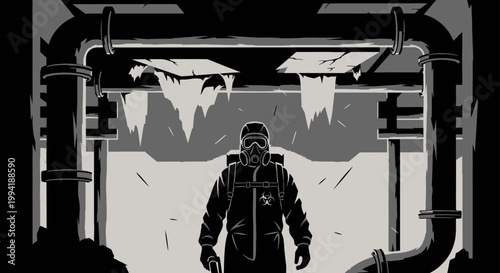 hazmat suit person in a biohazard contaminated industrial environment depicting danger and survival amidst a toxic threat perfect for environmental disaster themes.