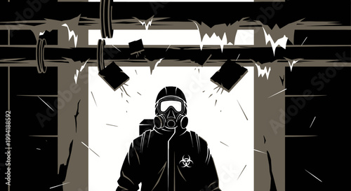 hazmat suit professional dealing with asbestos and biohazard contamination in a dark damaged industrial environment