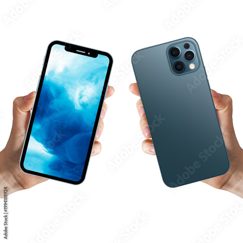PNG image of Two hands holding modern smartphones showing the front and back sides of devices on transparent background