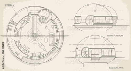 Architectural Blueprint Design of a Futuristic Geodesic Dome House with Interior Layout and Elevation Views