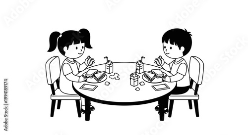Kids having lunch at a round table, school children eating sandwiches vector illustration.