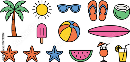 Flat Line Art Summer Beach Vector Icon Collection