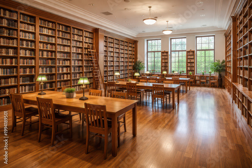 A spacious library with wooden shelves and tables, filled with books.