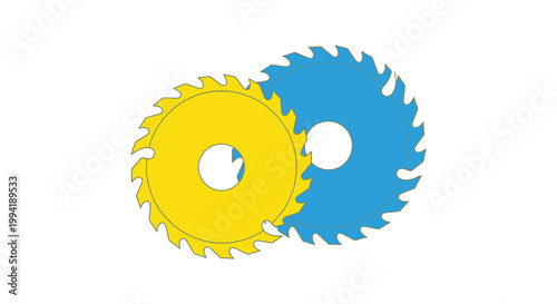 Two interlocking circular saw blades one yellow and one blue represent a symbolic connection silhouette high quality professional detailed modern elegant