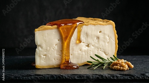 Block of cheese with honey drizzle and walnuts on slate background  