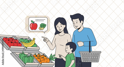 A cartoon illustration of a woman and man with a child shopping for fruits and vegetables at a market with a speech bubble.
