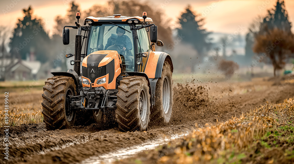 Obraz premium farmer driving tractor in field agriculture
