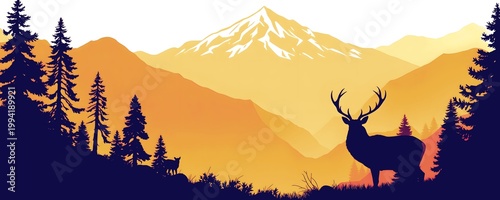 Deer Mountain Forest Sunset Illustration – Golden Wildlife Landscape with Pine Tree, Snow Peak and Valley for Nature Art, Outdoor Adventure Design
