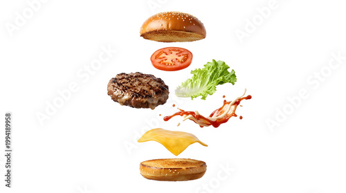 Deconstructed Burger Ingredients Floating with Sauce Splash, Isolated PNG on White Background, Modern Food Concept