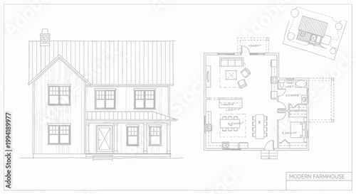 Architectural drawing of a two-story house floor plan and elevation view