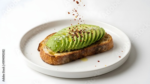 Avocado Toast with Perfectly Sliced Layers and Falling Chili Flakes, Minimal Modern Food Styling on White Background