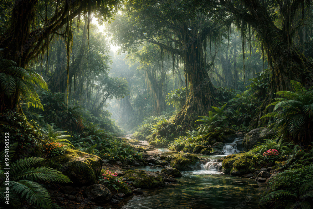 Fototapeta premium Lush green forest with a stream and sunlight filtering through the trees.