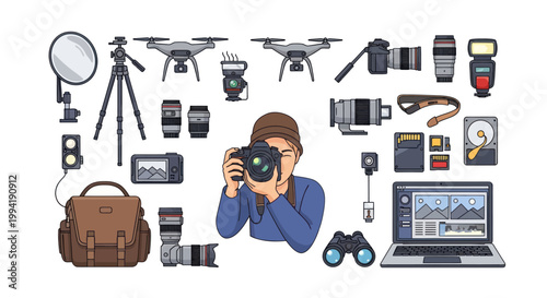 Photographer with Camera and Collection of Photography Gear