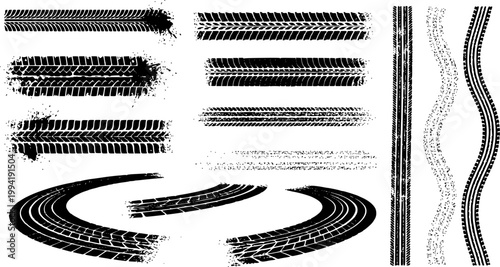Tire tread marks after skidding, launch, drift, powerslide in motorsport, rally, off-road, motocross. Wheel texture with splash effect. Vector, transparent background EPS version.