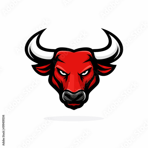 Mascot logo, minimalist bull head, strong horns, symmetrical layout, bold geometric shapes, flat design