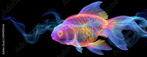 Against a dark blue background, abstract neon fish drift through vivid fiber‑optic waves