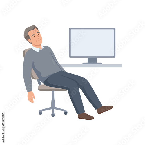 A man reclines in an office chair beside a computer monitor.
