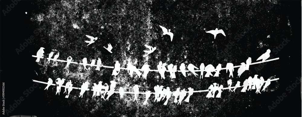 Fototapeta premium Silhouette of birds sitting on wires. Gothic style black and white illustration 