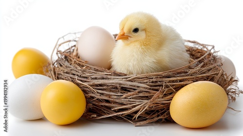 Yellow chick resting in nest surrounded by eggs on white background