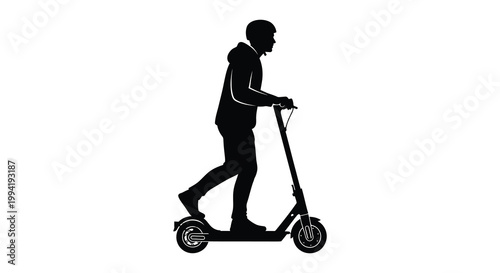 A man rides an electric scooter in profile showcasing a striking black silhouette high quality professional detailed modern elegant stylish clean