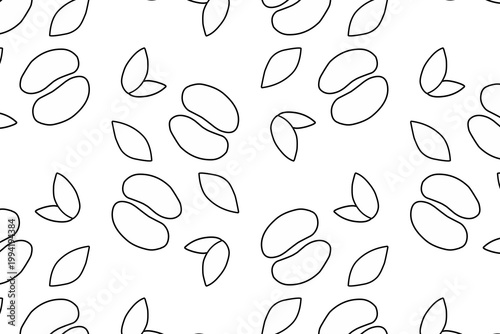 Seamless Uncolored Coffee Bean Pattern with Green Leaves, Hand Drawn Coffee Minimalist Food Background