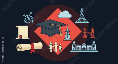 Flat lay illustration of education and travel icons including graduation cap, landmarks, and scroll on red and brown background.