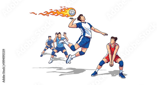 A dynamic illustration depicts a volleyball player spiking with teammates watching rendered in a striking silhouette high quality professional detailed modern