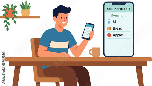 Man sitting at table with phone and shopping list on screen