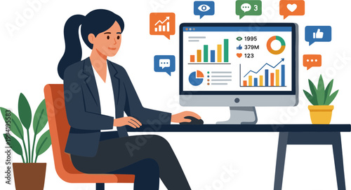 Woman sitting at desk working on computer with graphs and plants around