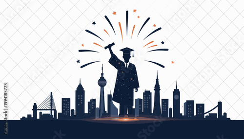 A graduate in silhouette throws a graduation cap upwards in celebration against a stylized city skyline with bursts of colorful lines and dots on a white background with a grid pattern.